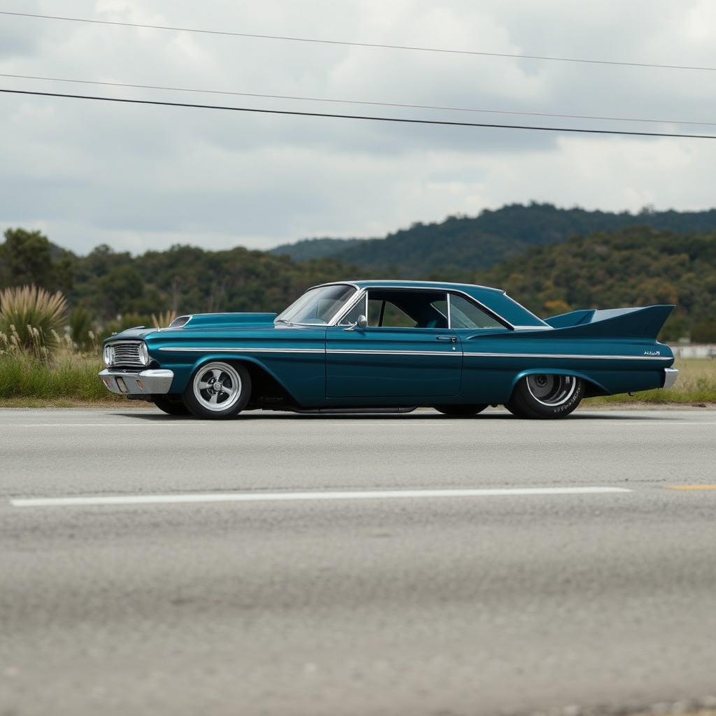 the drag car is parked on the side of the road, inspired by Taiyō Matsumoto, tumblr, restomod, nd4, c4 metallic shine classic american low rider ford