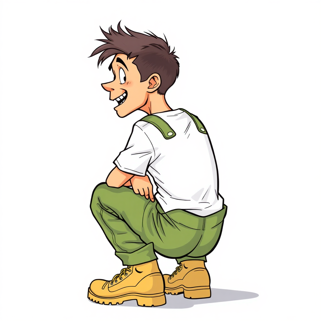 nervous small 15 year old european skinny man, long sleeves green rolled down coveralls, tense fabric, white t-shirt, squatting, stunned, mesmerized, joyful, heavy drooling, side view, safety shoes, detailed feet, 2D, caricature, cartoon, Sketch lines, coloring book, coloring book, side rear view