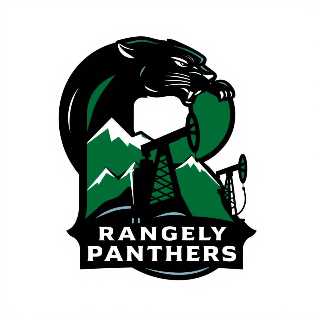 Generate a new logo for the Rangely Panthers in Colorado that includes the capital letter R, a black panther, foothills, and an oil pump. Make the R green.