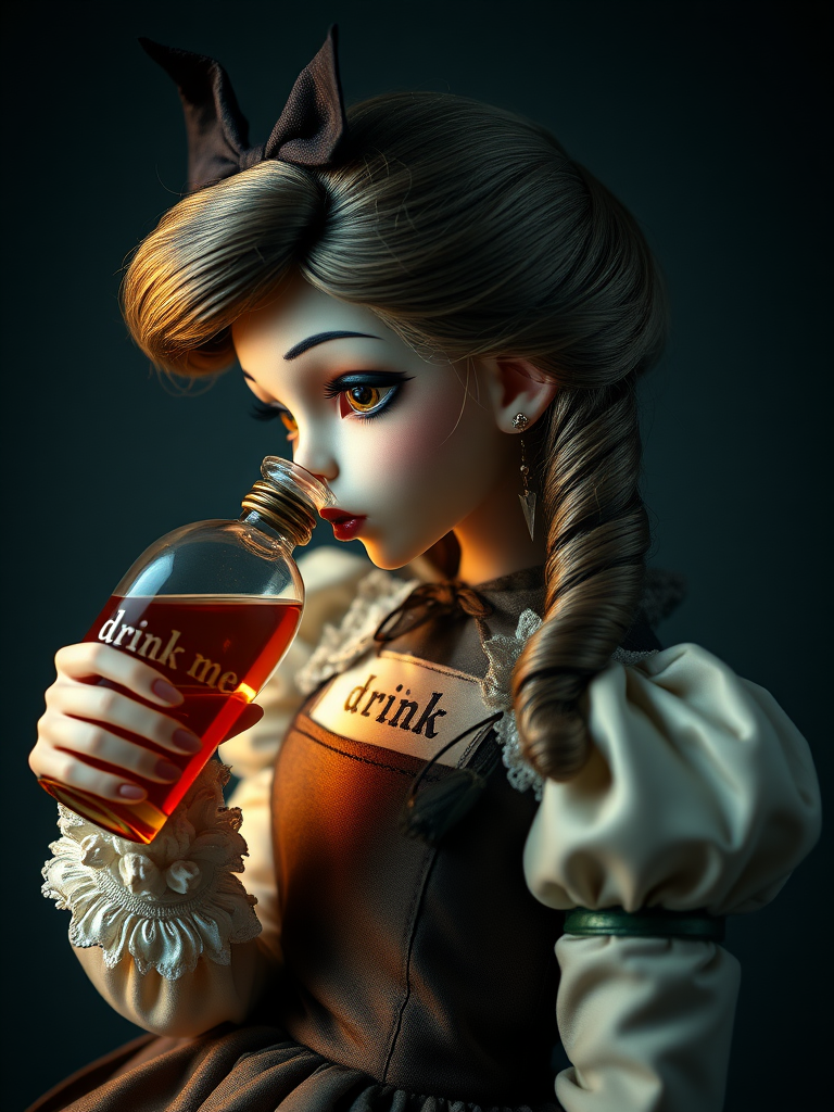 Alice in Wonderland, drinking from a flask that is labeled "drink me", in profile, ooak art doll, artist doll, realistic doll, life-like porcelain doll, unique personality, stunning eyes, bisque doll, portrait photography, low key lighting, dept of field, studio photography, full body shot, lively pose