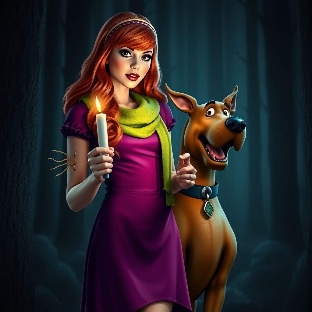 masterpiece, full body Daphne Blake, looks like Sarah Michelle Gellar, hyper realistic, realistic face, detailed face, wears headband and purple dress and green scarf, high boots, long red hair, is holding a lit up candle in the dark, next to a realistic dog that looks like Scooby Doo. She is in a very dark creepy forest . Marvelous, awesome, beautiful. Perfect hands, high detailed face, detailed skin, perfect eyes, eyeliner, large lashes, 60s look style, sexy, spicy look, scooby doo, front view, glitter