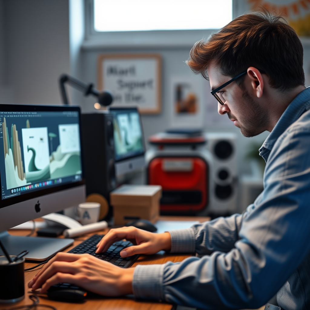 Man making an animation in a computer real life image