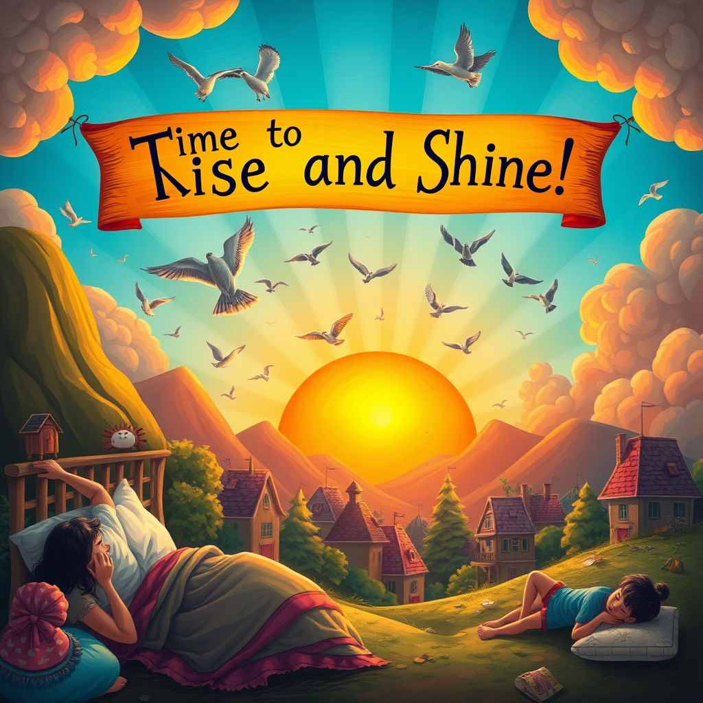 An imaginative scene depicting a vibrant sunrise that awakens a sleeping village, with birds taking flight and people stretching, under a whimsical banner reading, "Time to Rise and Shine!"