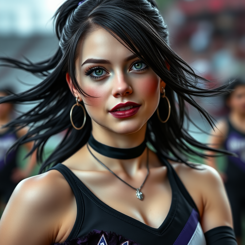 Juliet Starling is a short athletic goth and cheerleader of Santa Romero High. She has a very confident and seductive expression while posing for her team. Her black hair flows in the midwinter wind. Her green eyes shine like emeralds. Her black lips are alluring. Drops of sweat are running down her pale skin.