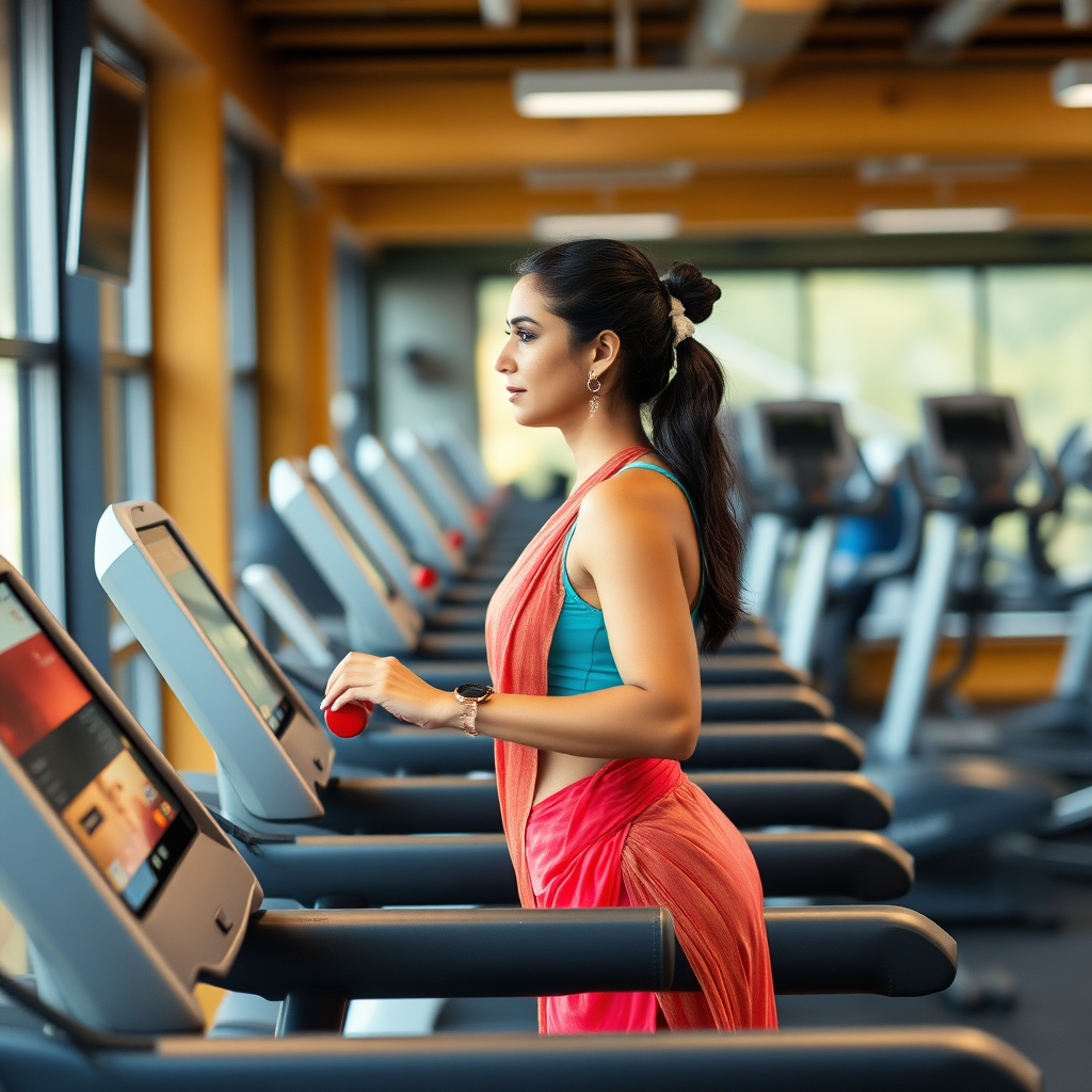 Indian wife, working out on Treadmill in gym