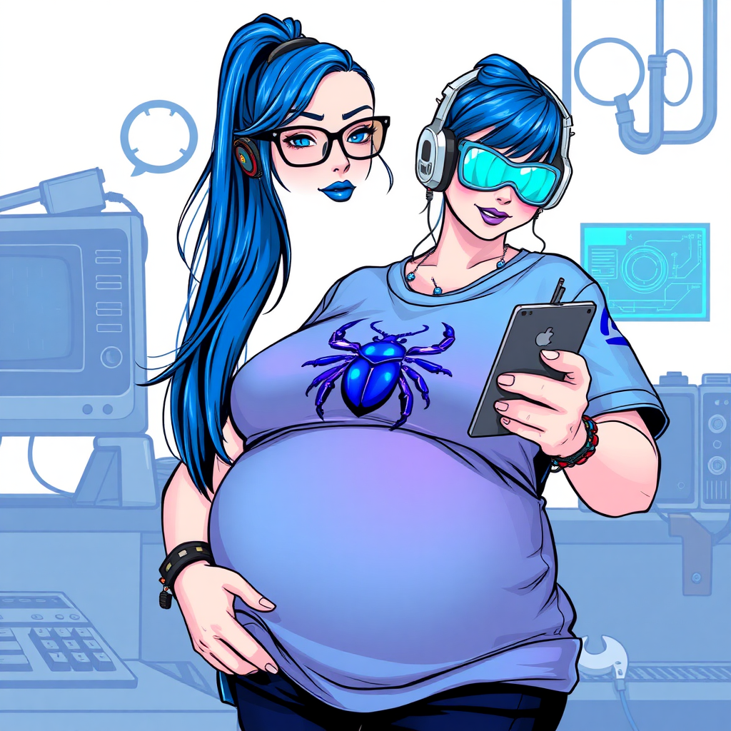 A cyberpunk vigilante’s full-figured intelligent and tech-savvy 28-year-old girlfriend, who is a computer hacker and tech genius. She has a long maximum blue ponytail. She wears maximum blue lipstick, blue eyes, a sapphire beetle gemstone necklace, sapphire earrings, black eyeglasses, and an oversized maximum blue t-shirt featuring a blue sapphire gemstone crusted chest icon of a beetle. She has a full-figured physique with a prominent, massive, round belly, reflecting her well-cared-for lifestyle. She sports a sapphire headset with a hi-tech maximum turquoise lensed HUD, and a shy smile with a neon red blush. She serves as his tech expert from his hideout, diligently working at her workbench and computer desk, while holding an electronic wrench and a holographic computer tablet. The background is solid white. She is drawn as if she was in a retro 2D cyberpunk fighting game. Ensure her maximum blue t-shirt covers her belly.