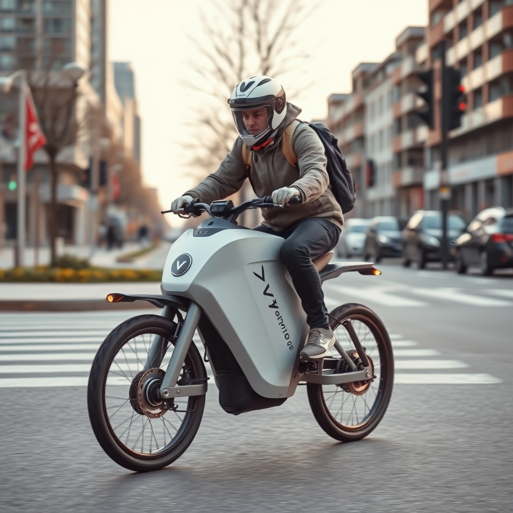 An E-biker of the V-Kraft brand of the future with impact protection in an urban environment without a driver.