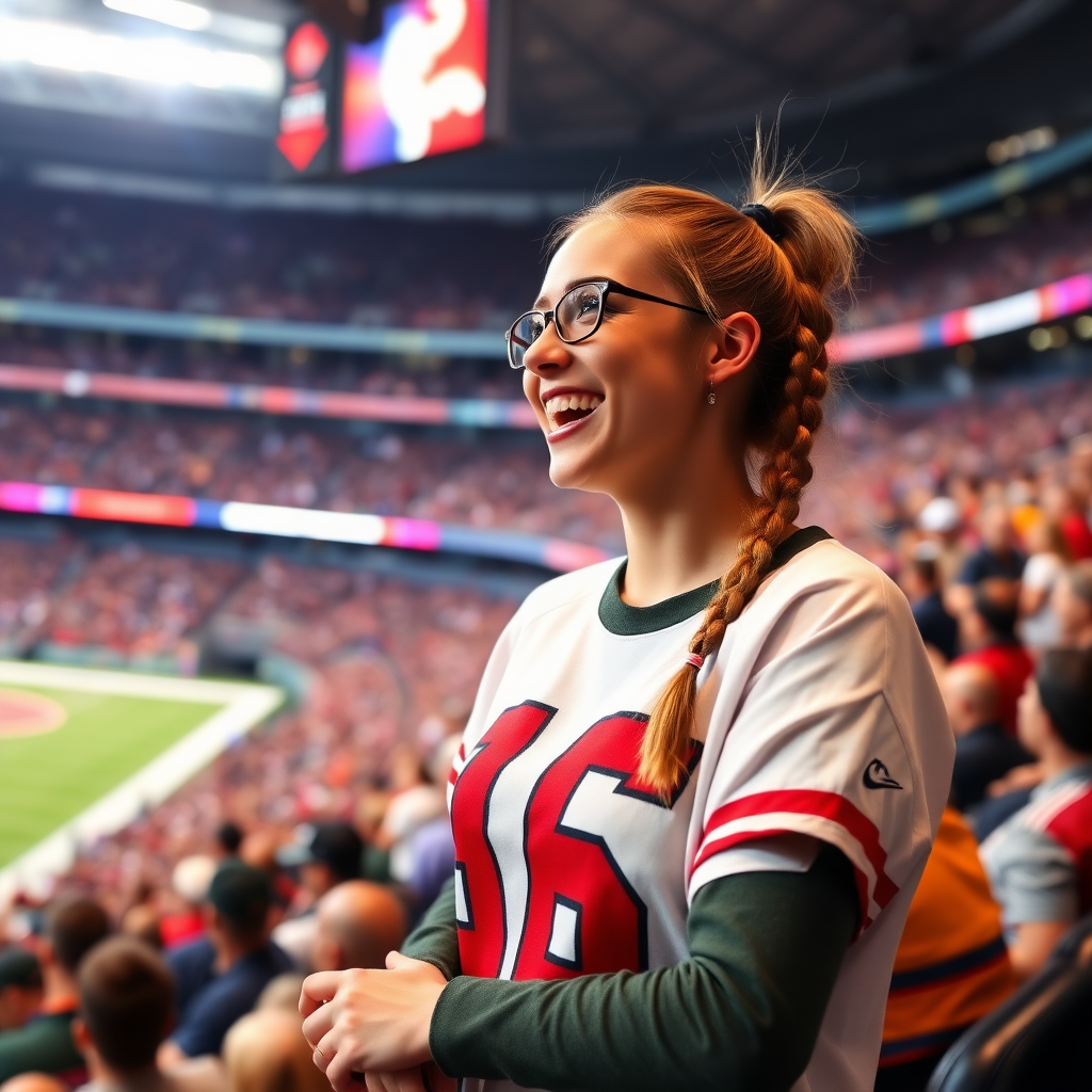 Attractive female NFL fan is cheering for team, pigtail hair, inside crowded stadium