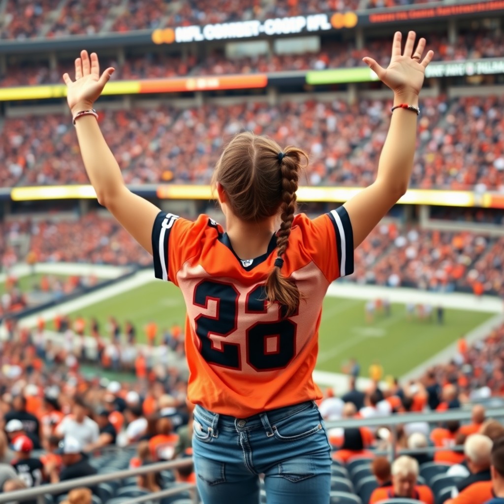 Attractive female NFL fan, pigtail hair, arms raised, jumping in the bleachers, crowded, NFL stadium