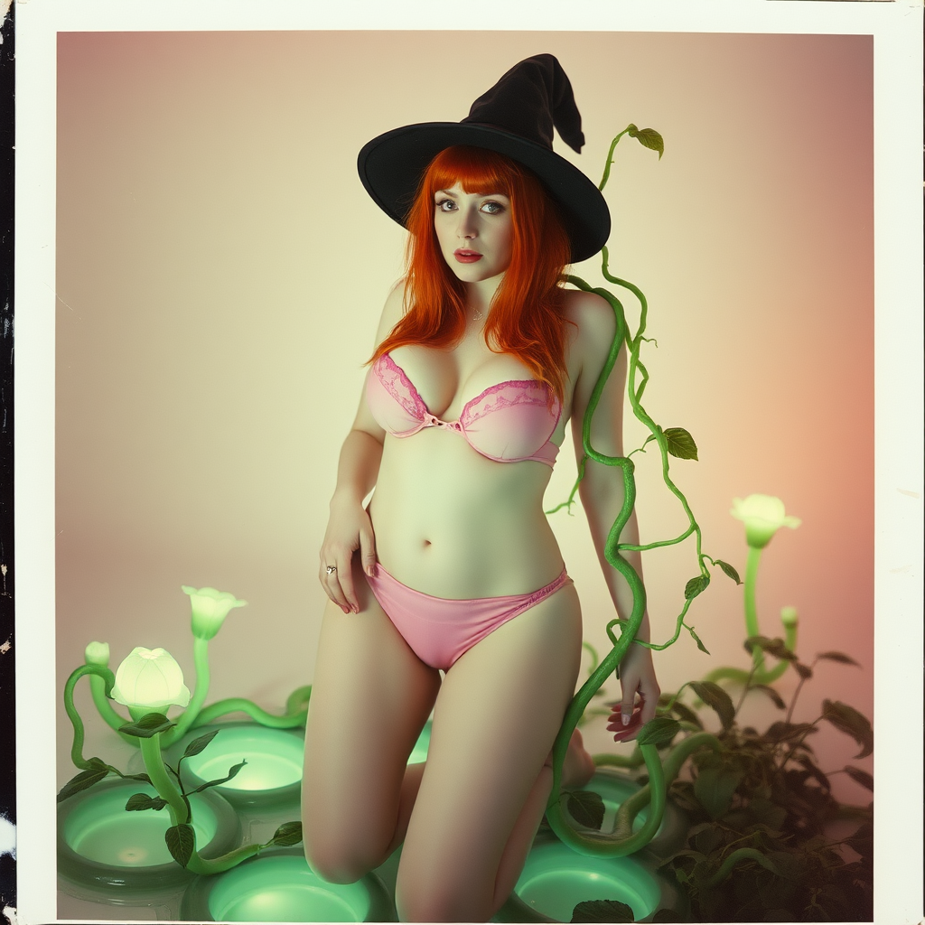 An old polaroid photo with a color tint to the photograph and visible light leaks. The photo depicts a sexy alt goth girl with pale skin and red hair. She has a plump booty. She has large breasts with ample cleavage and she is wearing a skimpy thong. The fabric of her thong is skimpy and pink and white and barely covers her and her bra is translucent and pink and white. She is in a photography studio with artistic lighting and plants are all around her. She is wearing a witch hat. She is surrounded by glowing translucent green vines coming out of magic bright glowing pools of water on the floor, wrapped around her arms and legs. She is straddling a green vine.