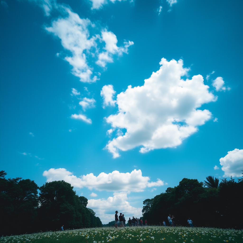 Sky, squares, blue, black, meadow, people looking up