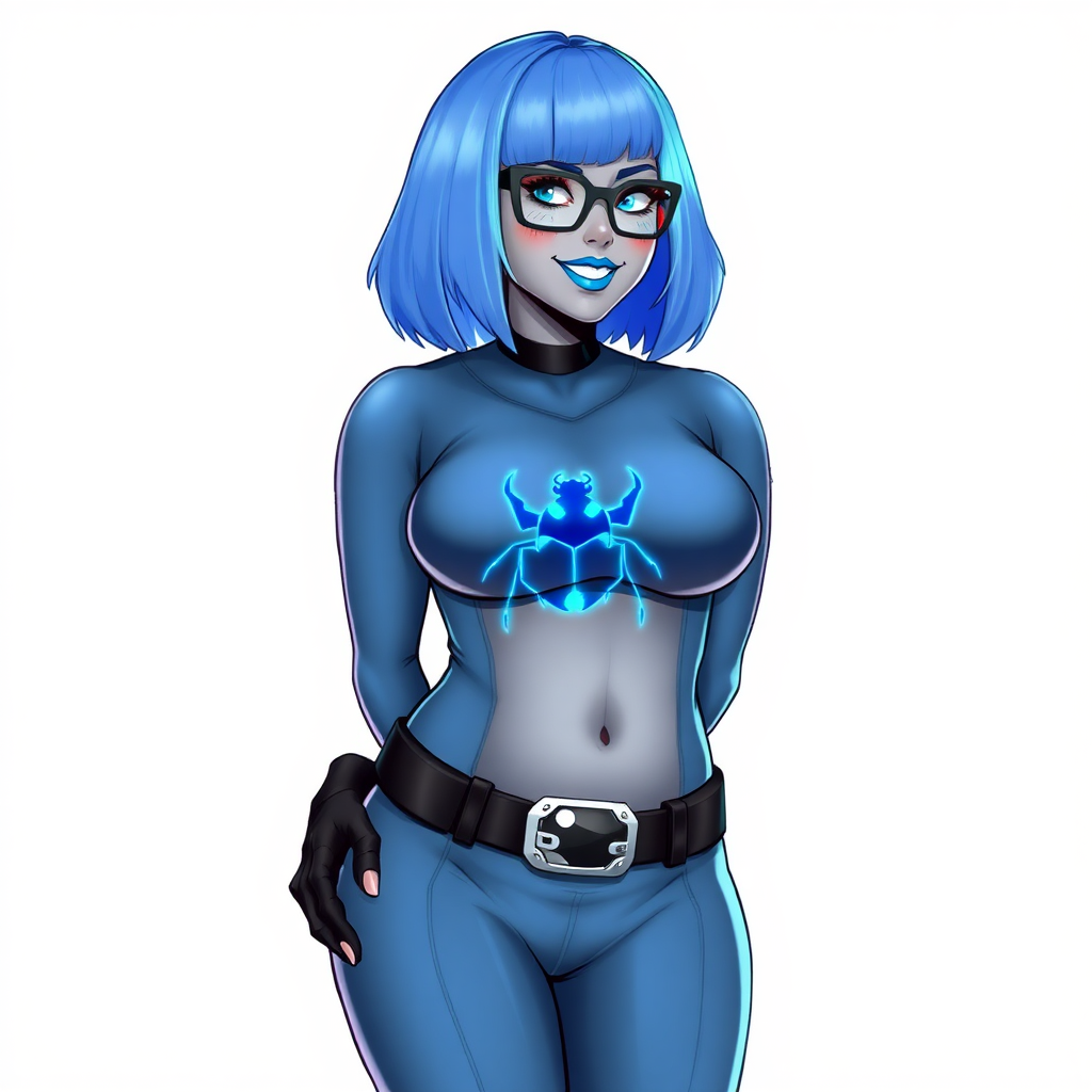 A 28-year-old, full-figured, middle gray metallic-skinned computer program-human hybrid with a maximum blue bob cut. She has a non-athletic build, highlighted by a prominent, round midsection. As a digital sidekick, computer hacker, and nerdy girlfriend to her cyberpunk vigilante boyfriend, her middle gray metallic skin and maximum blue lipstick emphasize her digital nature. She wears a maximum blue costume with a neon blue beetle chest icon, a black belt with a sapphire scarab buckle, and black gloves. Her bright blue eyes, black eyeglasses, and lovestruck smile with neon red blush accentuate her nerdiness. She stands bashfully with her hands behind her back, her costume covering all her skin. Her physique is heavily emphasized. She is on a solid white background. She is drawn as if she was in a retro 2D cyberpunk fighting game.