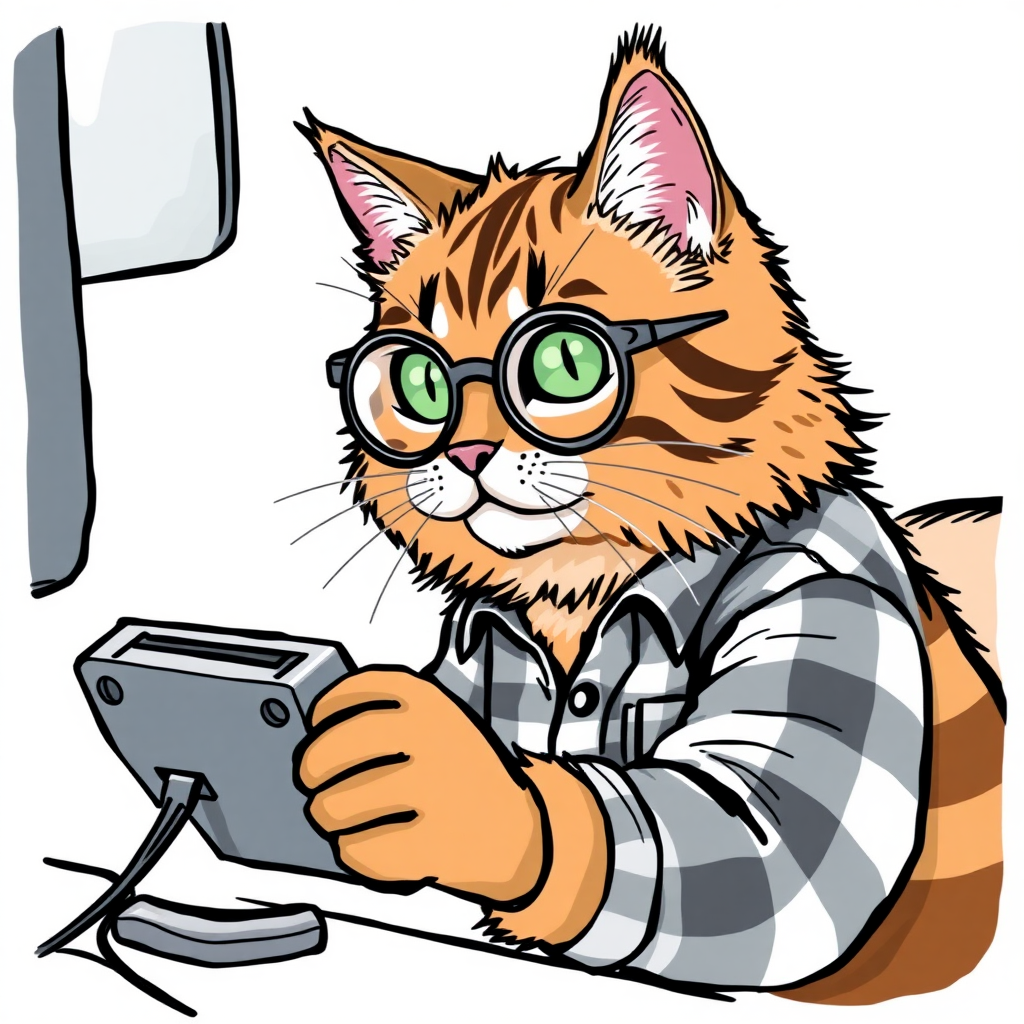 A Maine Coon cat playing a video game with semi-round glasses and a flannel shirt in a drawing style.