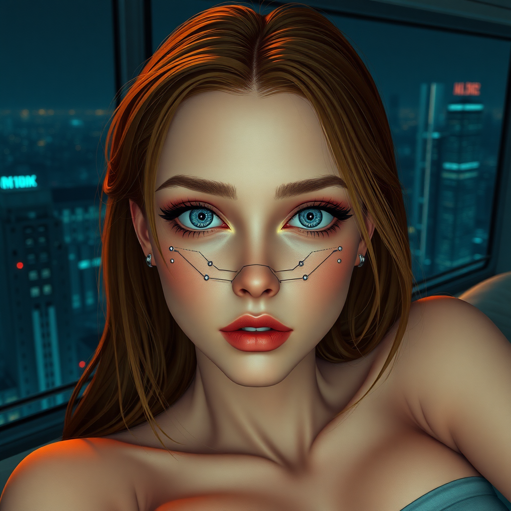 20 year old woman, pale skin, big softly glowing blue eyes, brown hair blond highlights underneath, cybernetic implants, symmetrical metal lines on face, laying on a bed, window view of a futuristic high rise cityscape, dim neon lighting, 2.5D style