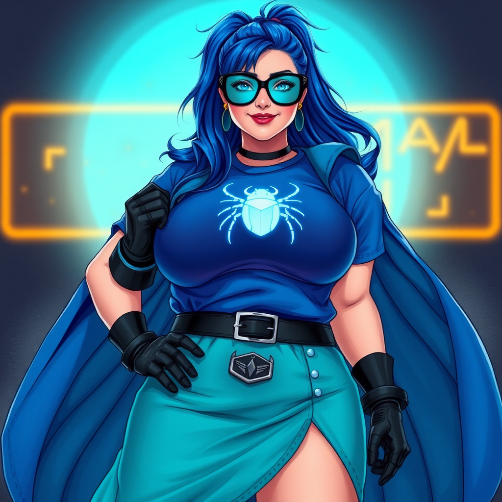 A 28-year-old, full-figured tech genius vigilante, she is the devoted girlfriend and nerdy sidekick of a cyberpunk vigilante. Her maximum blue ponytail and glowing sapphire eyes are striking features. Her prominent, round, large midsection, gigantic limbs, and broad shoulders define her full figure. As the loyal and supportive sidekick, she plays a crucial role in their missions, using her digital and technological prowess to assist and protect.

She wears an oversized maximum blue t-shirt with a glowing neon blue beetle chest icon, maximum turquoise skirt and cape, a black belt with a sapphire scarab beetle, and black high-tech shock gloves. Her neon red blush and lovestruck smile are ever-present. Her full figure shows how massively pampered she is by her doting boyfriend. Her nerdiness is unmistakable, accentuated by her black oversized eyeglasses with maximum turquoise lensed HUD that functions as her eye mask. She serves as her boyfriend’s indispensable crime-fighting partner. She is drawn as if she was in a retro 2D cyberpunk fighting game.