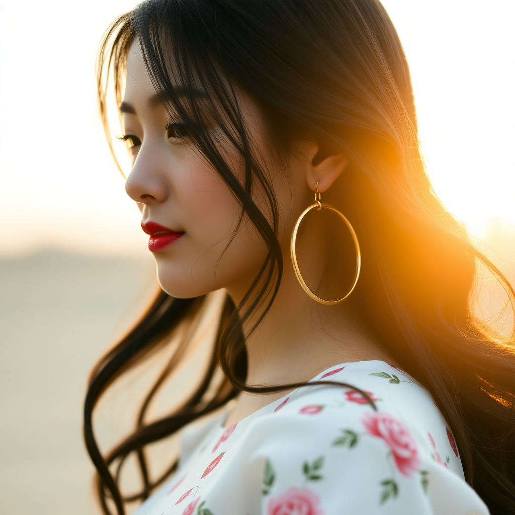 WALLPERa close-up shot of a young Asian woman with longwavy black hair is adorned with gold hoop earrings. She is dressed in a white dress adorned with a floral pattern. The backdrop is blurredcreating a stark contrast to the woman's white dress. The sun is shining on the right side of the imageadding a touch of warmth to the scene.