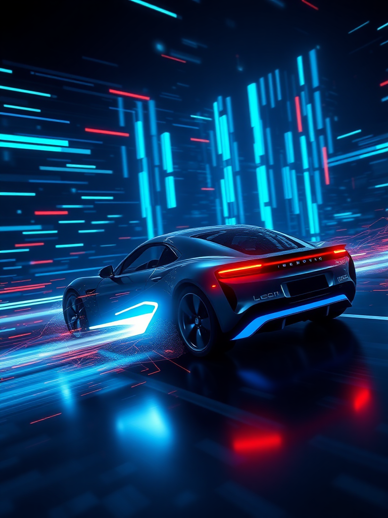 Make a realistic 3D rendering of an electric car racing in cyberspace. Make the background cyber-like and the electric sparks give off a sense of speed. Make the overall color dark blue.