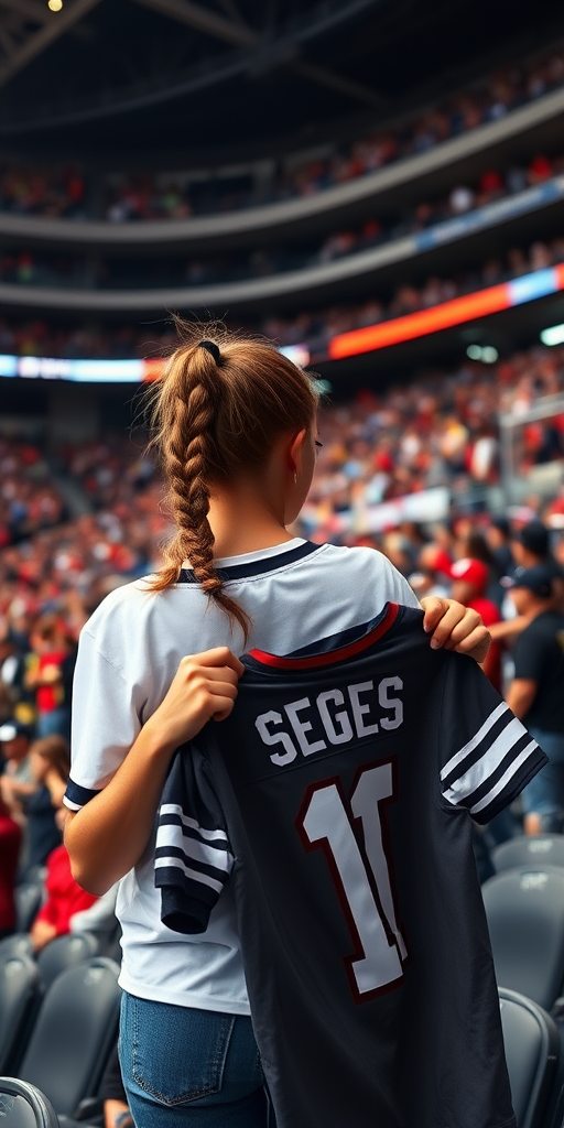 Attractive female NFL fan, pigtail hair, inside crowded bleachers, holding a spare jersey, NFL stadium