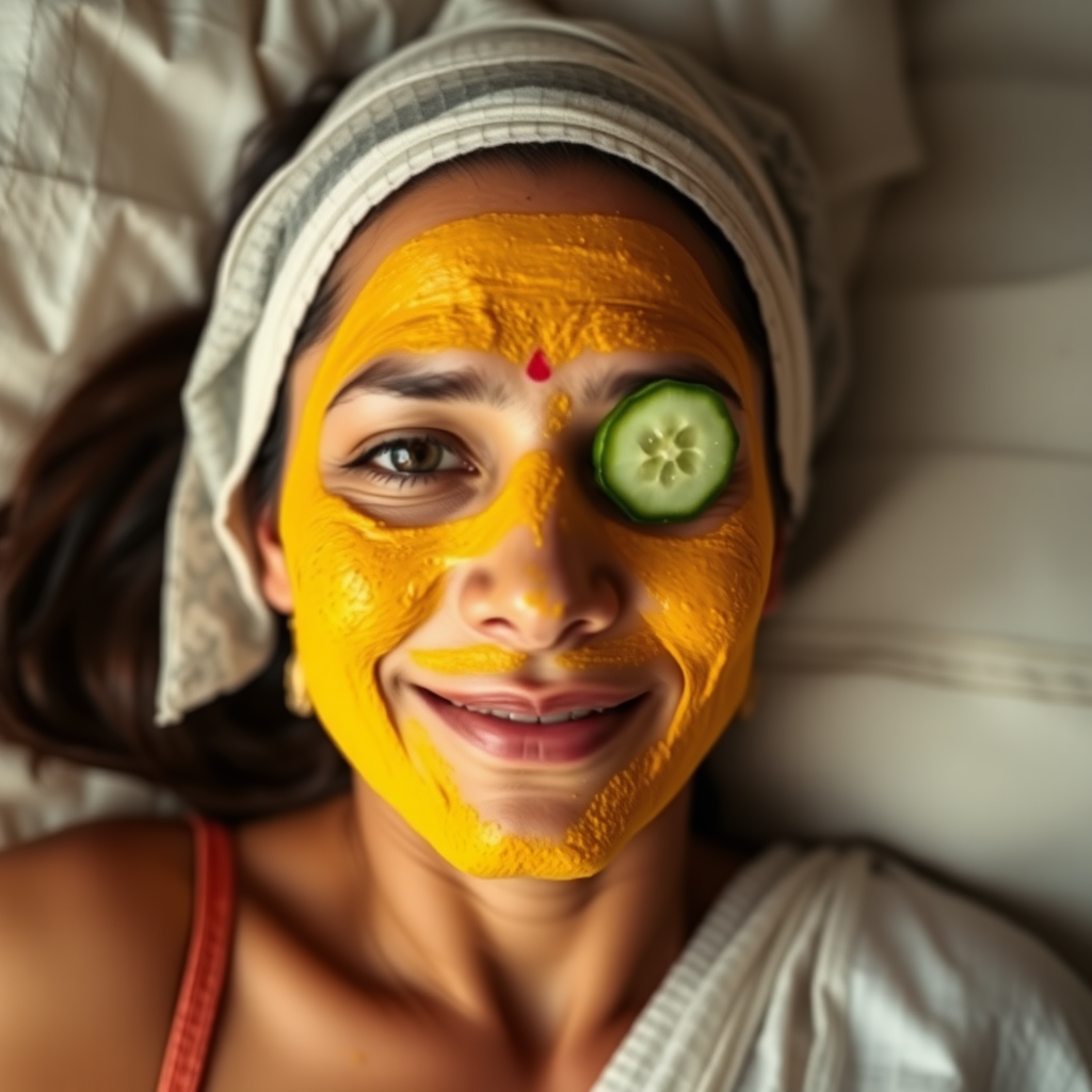 A skinny, traditional, 30-year-old Indian wife with hair covering, wearing a bra, lying on a bed. Her face is covered with a turmeric face mask, and her eyes are covered with cucumber slices. She looks satisfied from her facial expression.