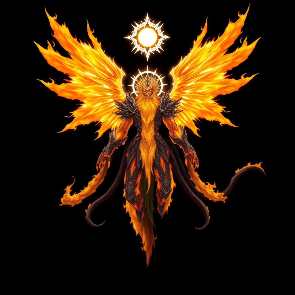 (High quality Anime styled art) Black background of a A Truly Colossal Supreme divine yet malevolent divine entity made of pure-solar golden-burning flame, white aura symbol around head, embodying both pure holiness and corruption, floats ominously in mid-air. Eight blazing, fiery wings radiate intense solar energy, while a shattered unique halo resembling the sun hovers above its head, body is made of pure-solar-burning flames, he is wearing black-death shoulder-plated armor, badass, 6 long arms, legs are replaced with black-tentacles, the being's long beard sways as its wrathful, ember-like eyes burn with intense fury, glowing in vivid shades of yellow and orange, exuding a powerful and foreboding energy.