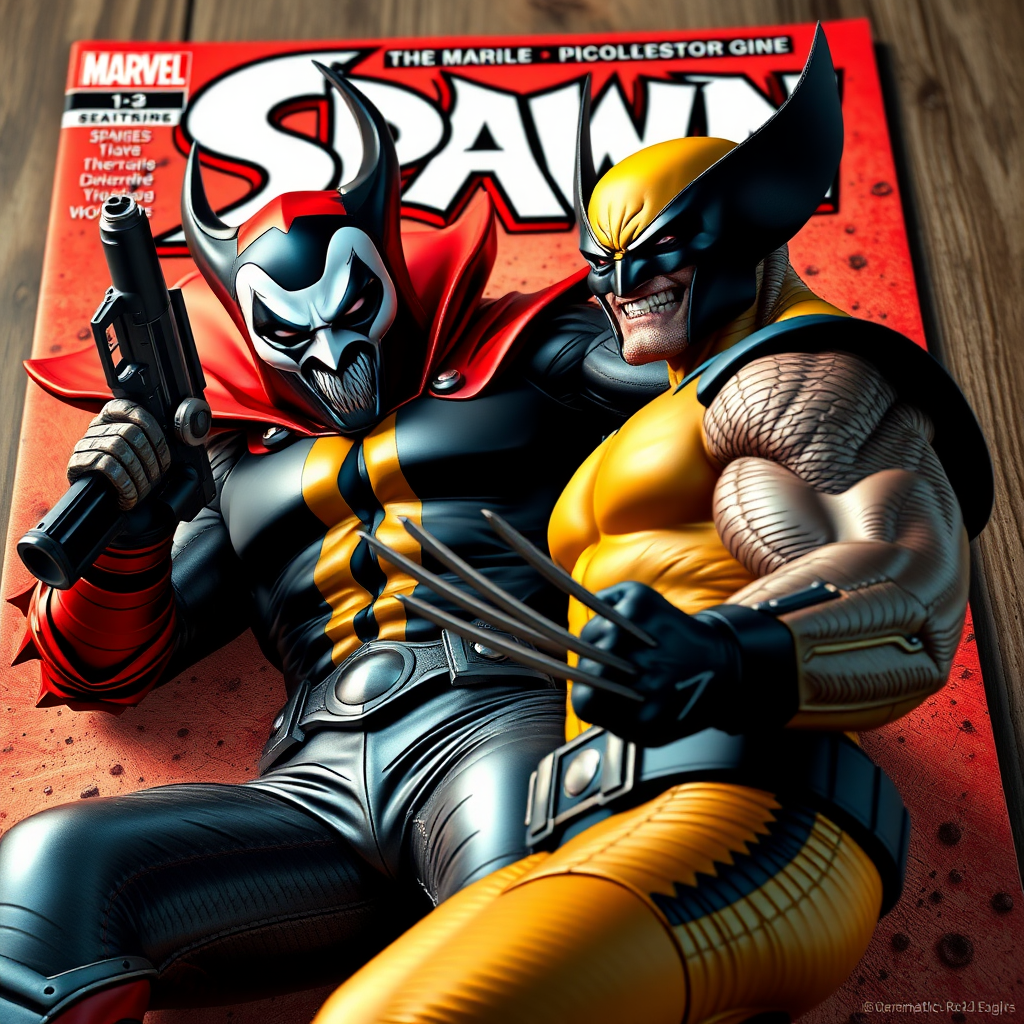 On a comic book cover is Spawn holding a gun Vs Wolverine in Cinematic Real3d photo-realistic quality.