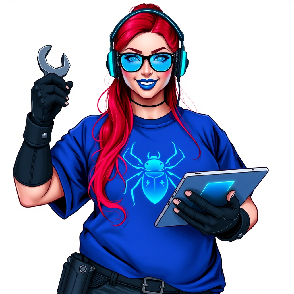 A full-sized, intelligent and tech-savvy 28-year-old computer hacker and tech genius. She has a long ruby red ponytail. She wears maximum blue lipstick, blue eyes, a sapphire beetle gemstone necklace, sapphire earrings, black eyeglasses, hi-tech power gloves, and a gigantic oversized maximum blue t-shirt featuring a neon blue glowing beetle chest icon. She has a full-figured physique with a gargantuan, round midsection, reflecting her well-cared-for lifestyle. She sports a sapphire headset with a hi-tech maximum turquoise lensed HUD, and a beaming smile accentuated by a passionate neon red blush. She serves as his tech expert from his hideout, holding a futuristic tool wrench and a futuristic digital tablet. The background is solid white. She is drawn as if she was in a retro 2D cyberpunk fighting game.