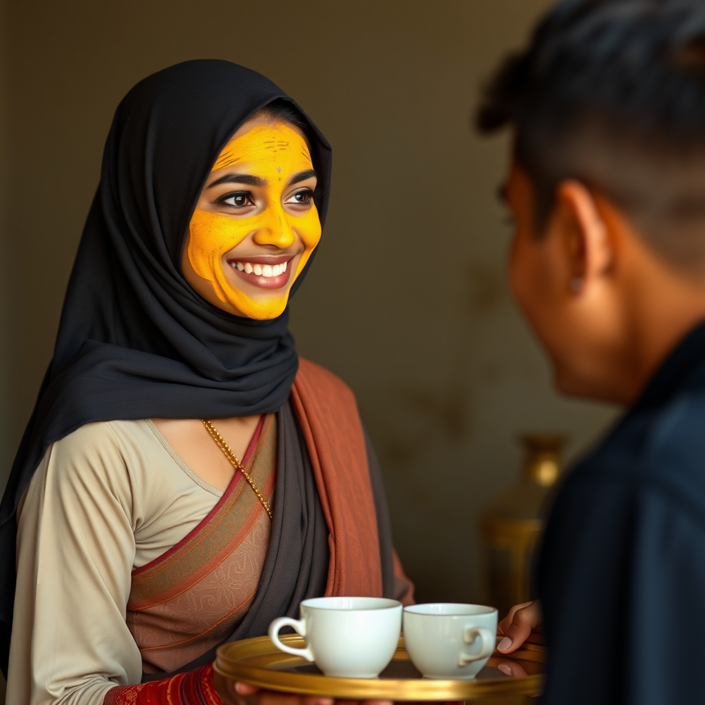 slim, 30 year old, sexy, traditional indian wife, hijab, turmeric face mask. She is smiling and serving coffee on a tray to stranger.