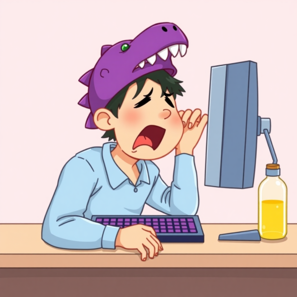 A high-quality illustration of a person sitting at a desk in front of a computer, yawning, with a purple dinosaur-themed cap and light blue shirt. The desk has a computer screen, a keyboard with purple keys, and a yellow bottle beside it. The view is the same as the original image with a light pink background and similar details, but the person now has a dinosaur cap instead of the original one.