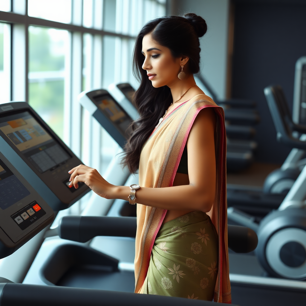 slim, traditional Indian wife, working out on Treadmill in gym