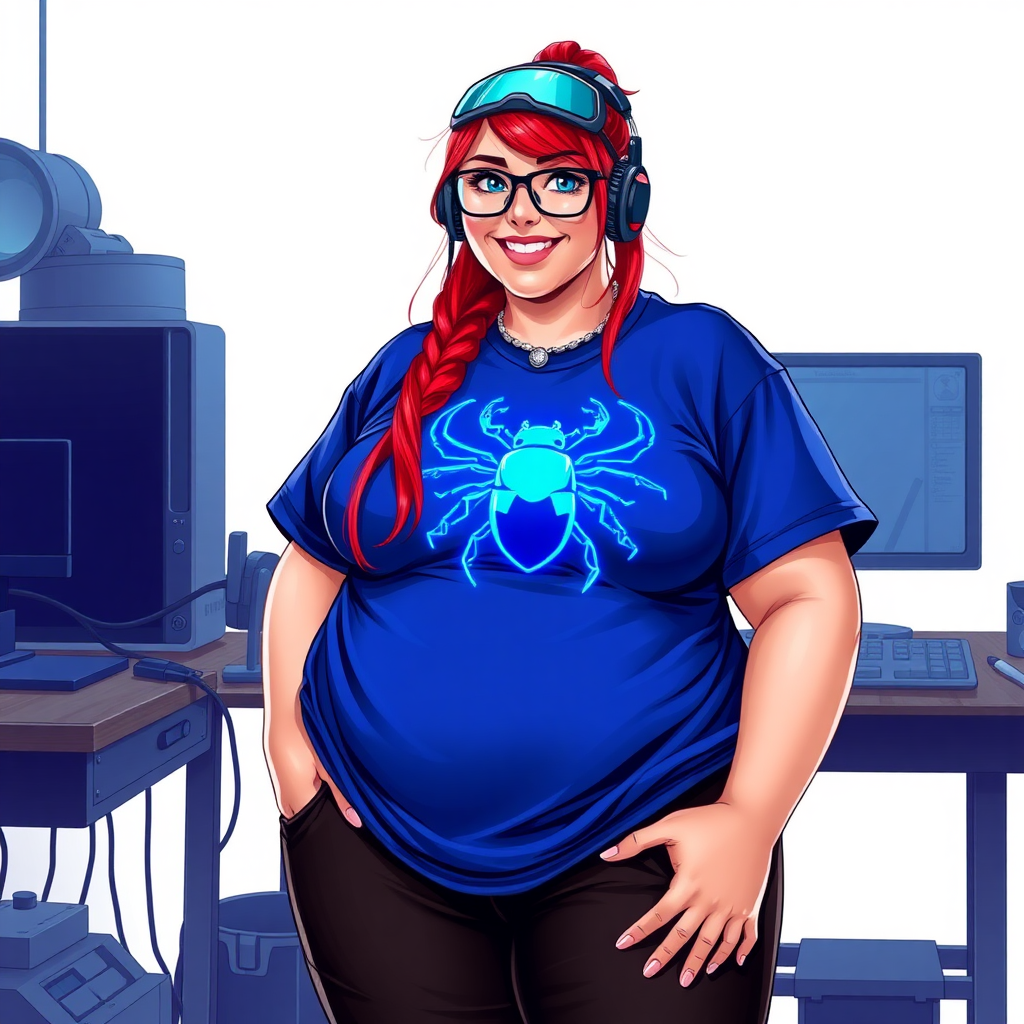 A cyberpunk vigilante’s full-figured intelligent and tech-savvy 29-year-old girlfriend, who is a computer hacker and tech genius. She has a long ruby red ponytail and bright blue eyes. She wears a sapphire beetle gemstone necklace, and an oversized maximum blue t-shirt featuring a giant neon blue glowing icon of a beetle on its chest. She has a full-figured physique with a prominently, gargantuan, well-rounded midsection, reflecting her well-cared-for lifestyle. The midsection is heavily emphasized. She sports a sapphire headset with hi-tech maximum turquoise lensed HUD visor, black eyeglasses, and a beaming smile with a passionate bright red blush. Despite her figure and a lack of self-esteem, she radiates an air of beauty. She has a slim face which contributes to her radiant beauty. She serves as his tech expert from his hideout, diligently working at her workshop with a computer desk and tool bench. The background is solid white. She is drawn as if she was in a retro 2D cyberpunk fighting game. Ensure her shirt covers her midsection.