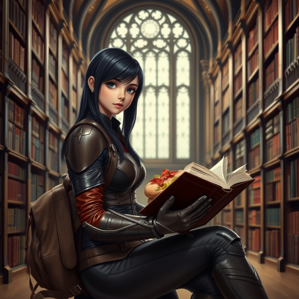 beautiful young woman, dark hair past her shoulders, blue eyes, small, slim figure, wearing full leather armor suit, sitting, reading book, a sandwich and backpack, in a grand old library.