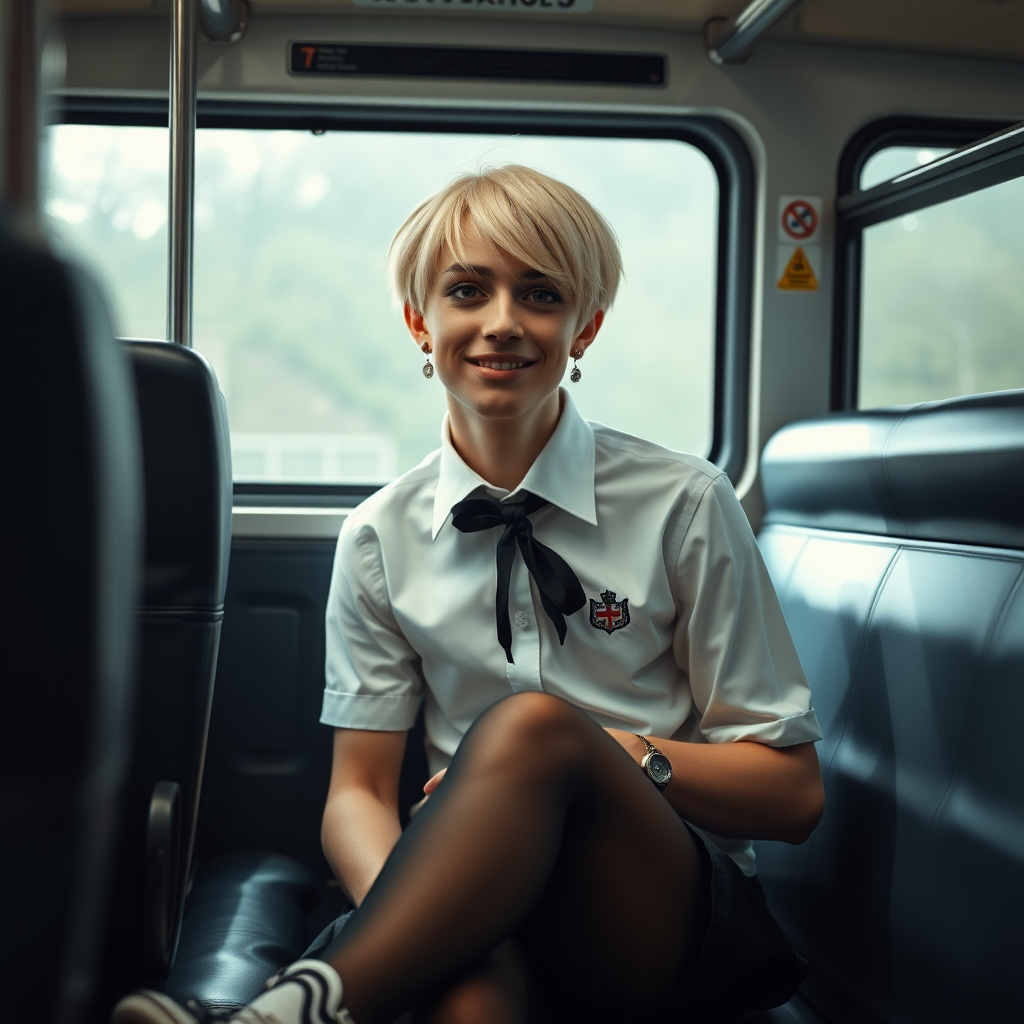 photorealistic, ultra high resolution, 16K, surreal fantasy, soft studio lighting, a pretty 18 year old goth male, slim male physique, short blonde hair, goth makeup, earrings, shiny black pantyhose, UK girls-school uniform, Mary-Jane shoes, sitting in the school bus, excited smile, facing the camera.