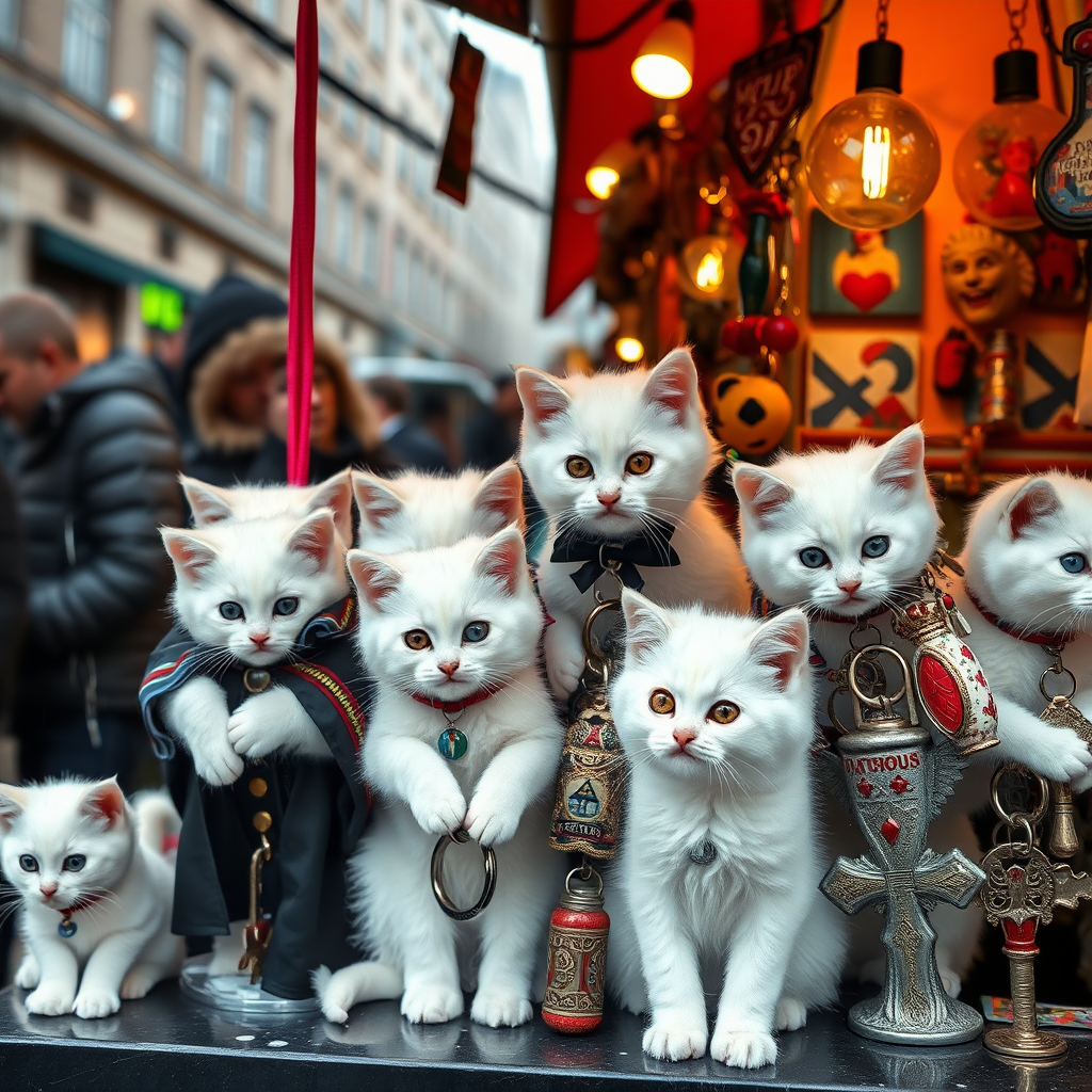 A street stall staffed by white kittens filled with kitschy keychains for tourists in Berlin, cats, Catholic, vampire, cross, tacky, rainbow, raining, weird, post-apocalypse, fish, punk rock