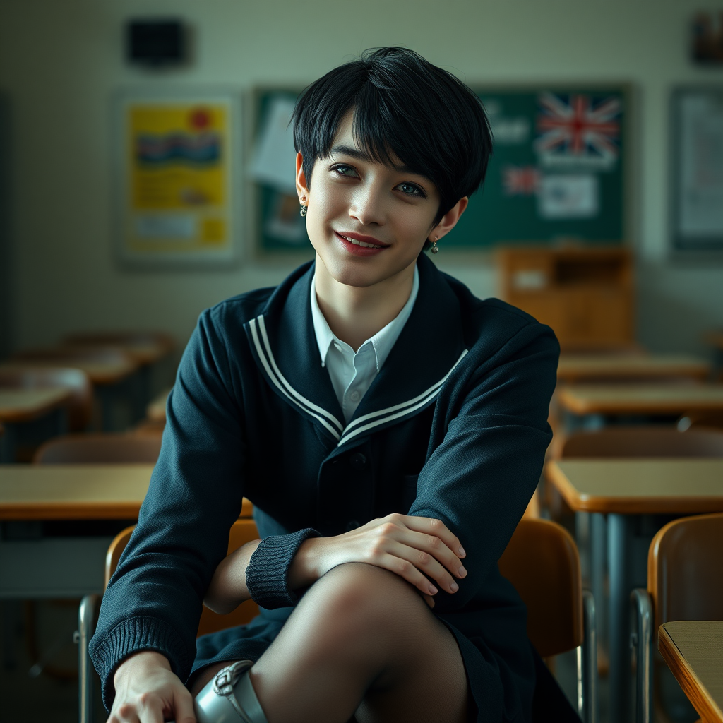 photorealistic, ultra high resolution, 16K, surreal fantasy, soft studio lighting, a pretty 16 year old goth male, slim male physique, short dark hair, blue eyes, goth makeup, earrings, sheer pantyhose, UK girls-school uniform, Mary-Jane shoes, sitting in the classroom, excited smile, facing the camera.