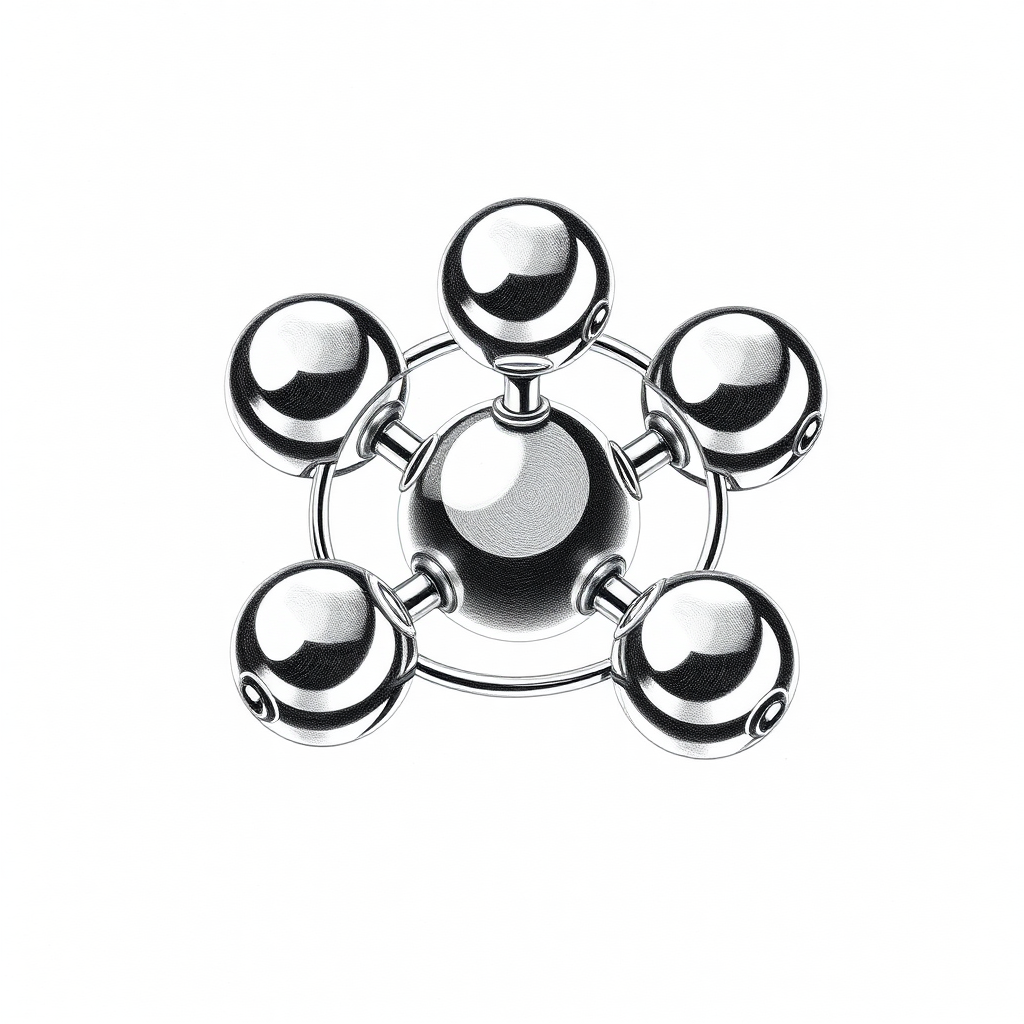 Five connected spheres of mercury in a ring in between two other spheres, spinning top, fidget spinner, toy, small spheres, isometric, side view, symmetric, pencil drawing, impossible architecture, black and white, atomium, in the style of Escher, reflective, raytracing, seven atom molecule, iron, metal, liquid, trickery, intricate details, clipart, line drawing with pencil shading