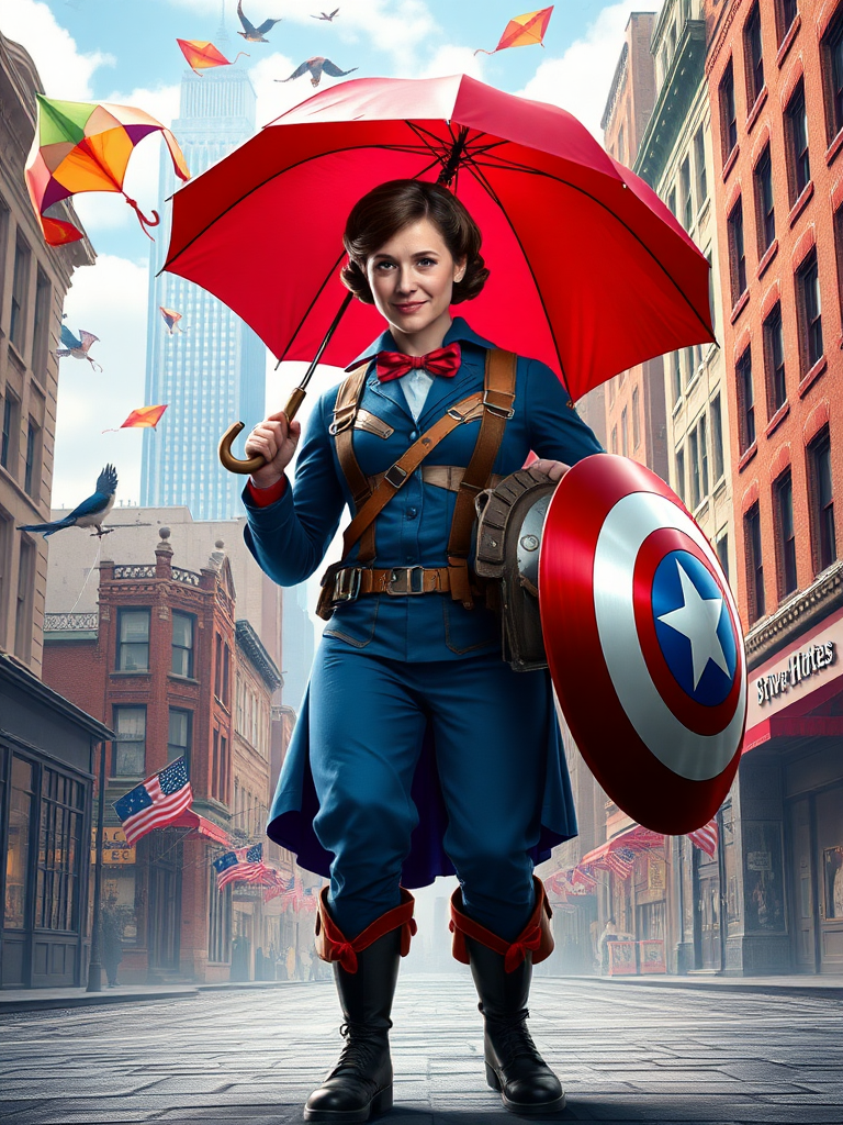 DALL-E 3 prompt (683 characters):

Create a full-length rendered image merging Mary Poppins and Steve Rogers. Maintain Mary's head, hairstyle, and facial features atop Steve's muscular body. Adapt Mary's iconic nanny outfit to fit the new physique, incorporating elements from Captain America's costume such as star motifs or shield-inspired accessories. Adjust the umbrella size to match the larger frame. Set the scene in a whimsical London street blending into a 1940s New York cityscape. Include floating objects like kites or shields in the sky. Ensure the image captures both Mary's magical essence and Steve's heroic stance. Balance vibrant colors from both characters' worlds throughout the composition.