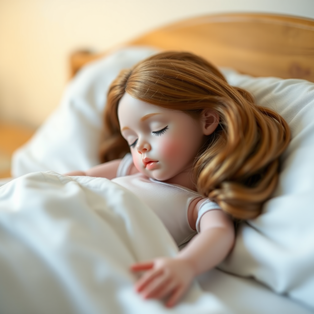 art doll sleeping in bed, focus stacking, abstract, minimalist art, in focus, preteen girl, artistic photograph, artist doll, realistic doll by Michael Zajkov, life-like porcelain doll, handmade, one of a kind