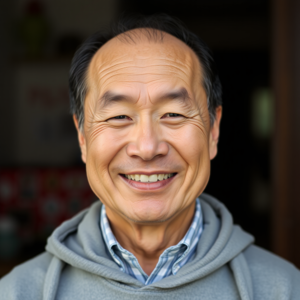 face of a middle-aged man, asian, closed-mouth smile