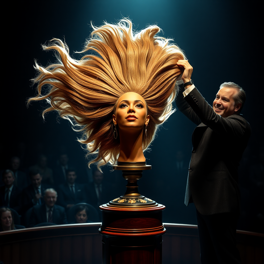 In a dimly lit theater, the atmosphere crackles with anticipation, the audience's murmurs a blend of curiosity and skepticism. On a grand, elegantly adorned display stand sits the disembodied head of the enchanting Beyoncé, her radiant skin glistening under the soft, warm glow of the spotlight. Her striking features are perfectly framed by cascading locks of lustrous, very long hair that shimmer with hues of light brown and hints of rich mahogany, reminiscent of polished silk.

Standing beside her is the magician, a charismatic figure in a sharp, tailored suit that glints with sequins in the light. With theatrical flair, he holds her voluminous hair aloft, fingers splayed wide, deftly spreading it out like a shimmering waterfall, mesmerising the audience. The hair flows like liquid night, each strand capturing the light as it falls gracefully to the ground, creating a stunning, almost surreal contrast against the stark wooden stage.

The magician’s face is lit with a confident smile, his eyes sparkling with the thrill of the performance, as he engages the audience with playful banter. Their gasps and laughter echo throughout the room, a symphony of wonder and disbelief. The scent of polished wood and fresh popcorn wafts through the air, mingling with the underlying electricity of the moment. Time seems to stand still as the audience leans in, captivated by the spectacle, a seamless blend of illusion and artistry that promises to defy reason and ignite imagination.