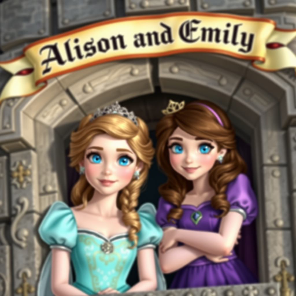 Two photo realistic princesses, one with light brown hair, blue eyes and aqua colored dress and the other with brunette hair, blue eyes and purple dress peeking out the window of a castle with a medieval banner overhead saying "Allison and Emily"