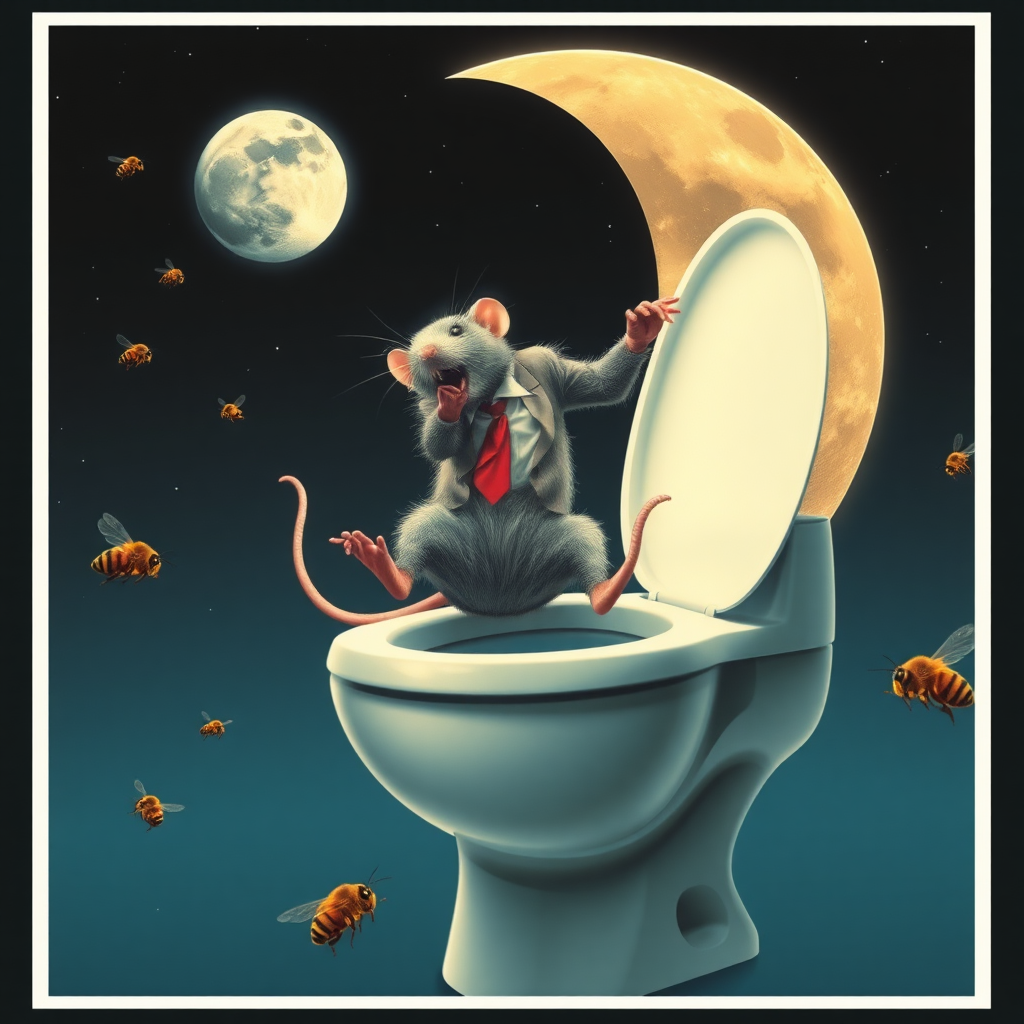 A rat politician diving off the moon into a toilet, bees, 2000s musical movie poster, no text, cyberpunk