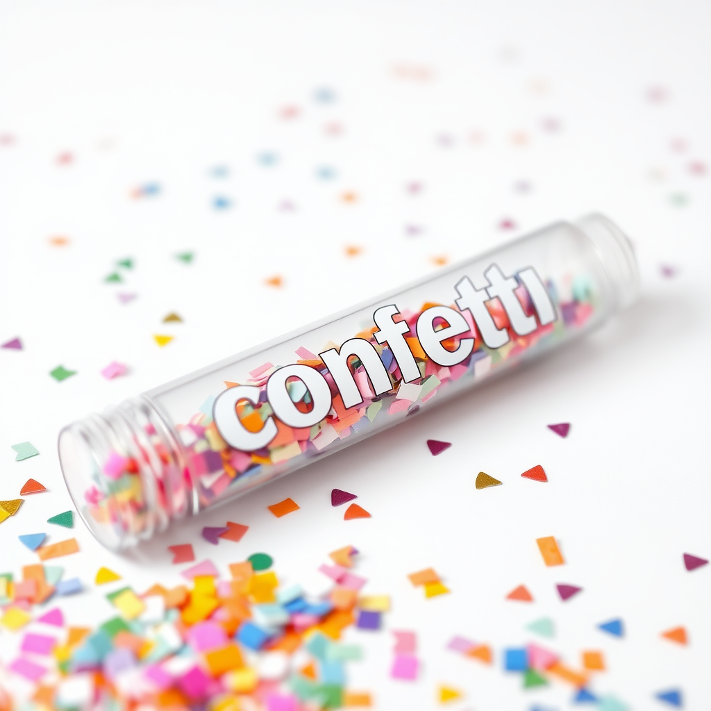 A photo of a fat transparent plain confetti popper tube with confetti inside and with text "confetti" on it, lying flat at an angle, with confetti around it, white background, distant confetti blurred, white bold text with a black border, reflections on glass