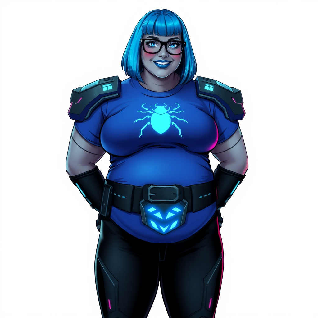 A 28-year-old, full-figured, middle gray skinned computer program hybrid with a maximum blue bob cut. She has a non-athletic build, highlighted by a prominent, round, large midsection (with heavy emphasis on her belly). As a digital sidekick, computer hacker, and nerdy girlfriend to her cyberpunk vigilante boyfriend, her middle gray metallic skin and maximum blue lipstick emphasize her digital nature. She wears a digital, computerized costume consisting of a gargantuan, tight-fitting, maximum blue t-shirt with a neon blue beetle chest icon, hi-tech shoulder pads with neon blue accents, a black belt with a digital neon blue glowing beetle buckle, black biker pants with neon blue glowing accents, and black hi-tech gloves with neon blue glowing accents. Her bright blue eyes, black eyeglasses, and lovestruck smile with neon red blush accentuate her nerdiness. She stands bashfully with her hands behind her back, her costume covering all her skin and emphasizing her full-figured physique (especially her belly). She is clearly non-athletic, with a focus on her full-figured physique. Despite her build, she radiates beauty. She is on a solid white background. She is drawn as if she was in a retro 2D cyberpunk fighting game.