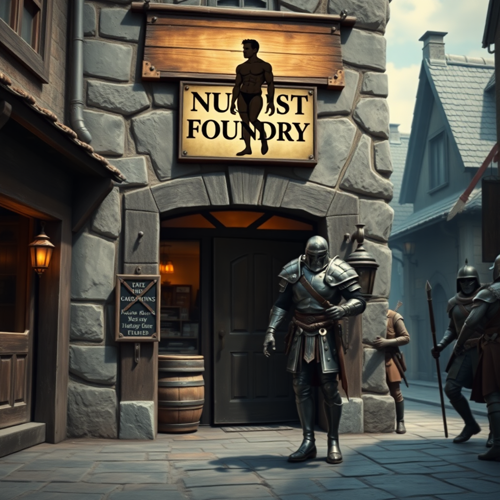 A city street in a fantasy village. Adventurer dressed in metal armor leaving the door of a shop. Sign above the door says "Nudist Foundry" with a sign consisting of a silhouette image of a muscular naked man. City guards walk by, photorealistic matte painting.