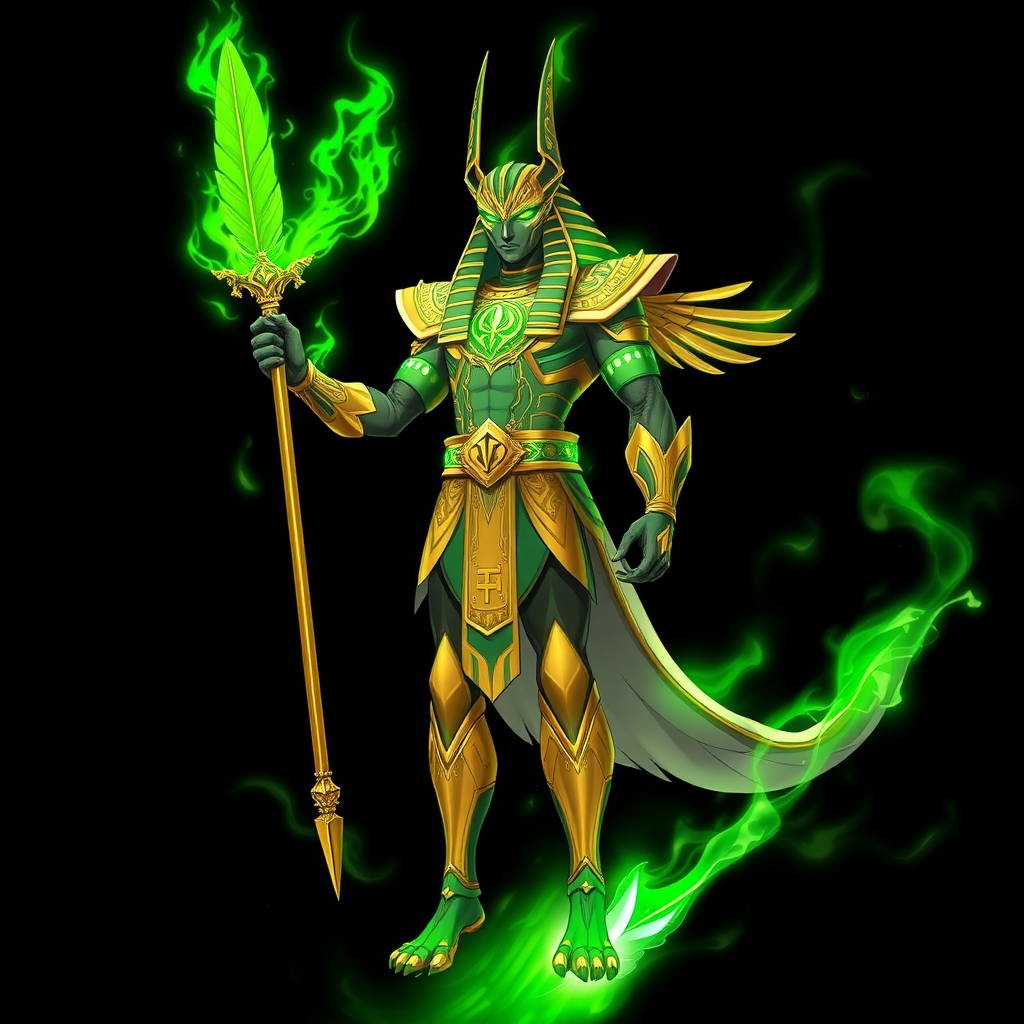 (Anime-styled art) Black background, An imposing, supreme humanoid with green-flames stands tall with a green aura, floating mid air, clad in intricate golden-green Egyptian armor. He is Anubis, exuding an aura of power and command. In his left hand, he grips a golden, feathered wand spear adorned with ancient Egyptian symbols unique point ANKH, while vibrant green flames swirl around him, crackling with magic. His piercing eyes blaze with the same green fire, casting an intense glow. The full-body view reveals every detail of his regal from legs, godlike presence, surrounded by a supernatural energy that radiates from his form.