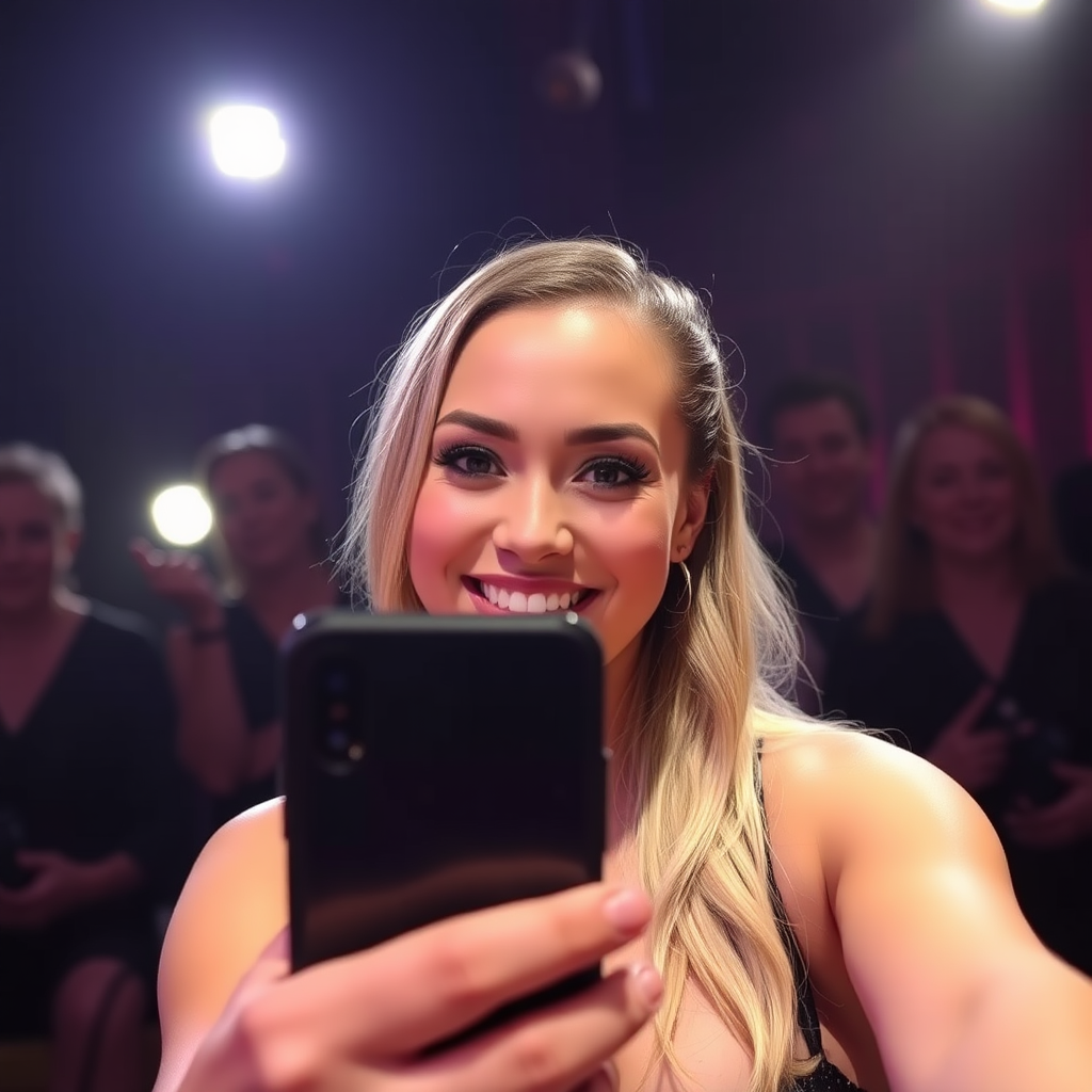 An iPhone selfie of a performer on set, during an adult performance. She is smiling.