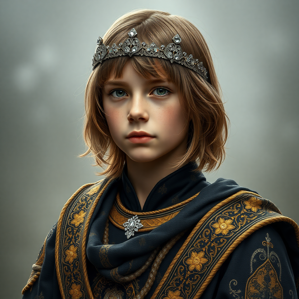 16yo teen boy prince, long bob cut, embroidered with gold and diamonds medieval cloths, diamond diadem, and Beautiful War. Free style by FLUX photorealistic, ultra high resolution, 16K,