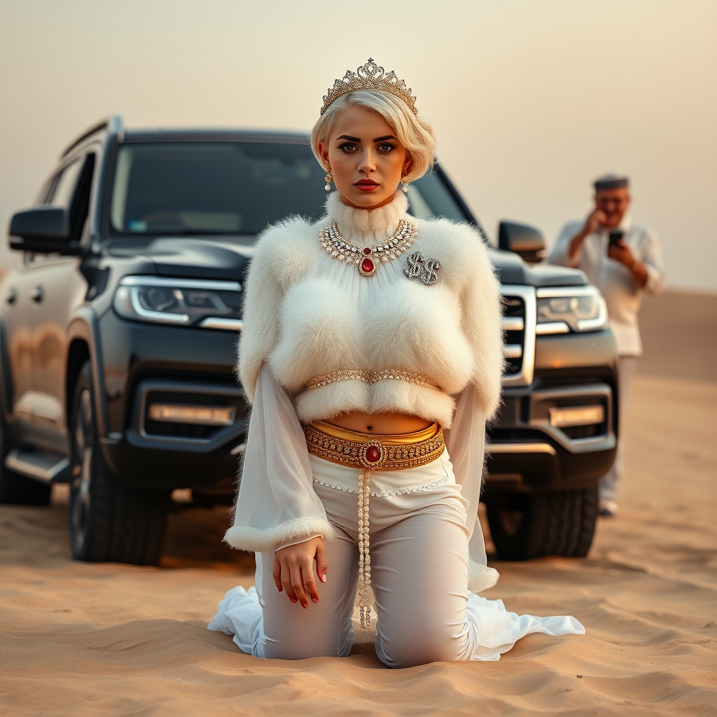 Kuwait desert dunes misty dawn, full size luxury SUV: Melissa, European 17 years old very convincing femboy “trophy-bimbo”, tamed servile docile, very beautiful feminine flawless face, rather short, by hormones very curvaceous womanly figured, platinum blond short tight curls, bold red lips, heavily made-up face, wearing Supertanya-style fluffy very fuzzy bright white angora turtleneck-poncho cropped ending under bust decorated with pearls and gemstones, striking oriental wide gold bridal protection belt, white fully transparent harem pants, full Oriental bridal jewelry with striking headpiece, full Oriental face-jewelry, striking diamond “$$$” letter brooch on left chest, pout frustrated, hands tied behind back, kneeling in sand in front of SUV, looking at camera. Focus on face and turtleneck-poncho. Standing behind leaning against SUV: older overweight mighty sheik laughing taking pictures with mobile phone.