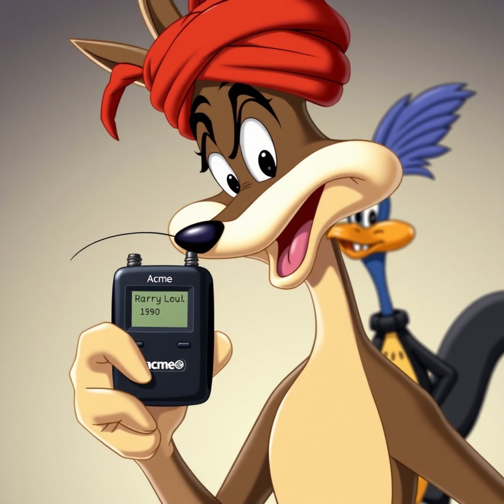 Wile E Coyote, wearing a turban, holding a black 1980's beeper that is branded Acme. Roadrunner in the background dressed in black like a hassidic jew, with a big black beard like a hassidic jew.