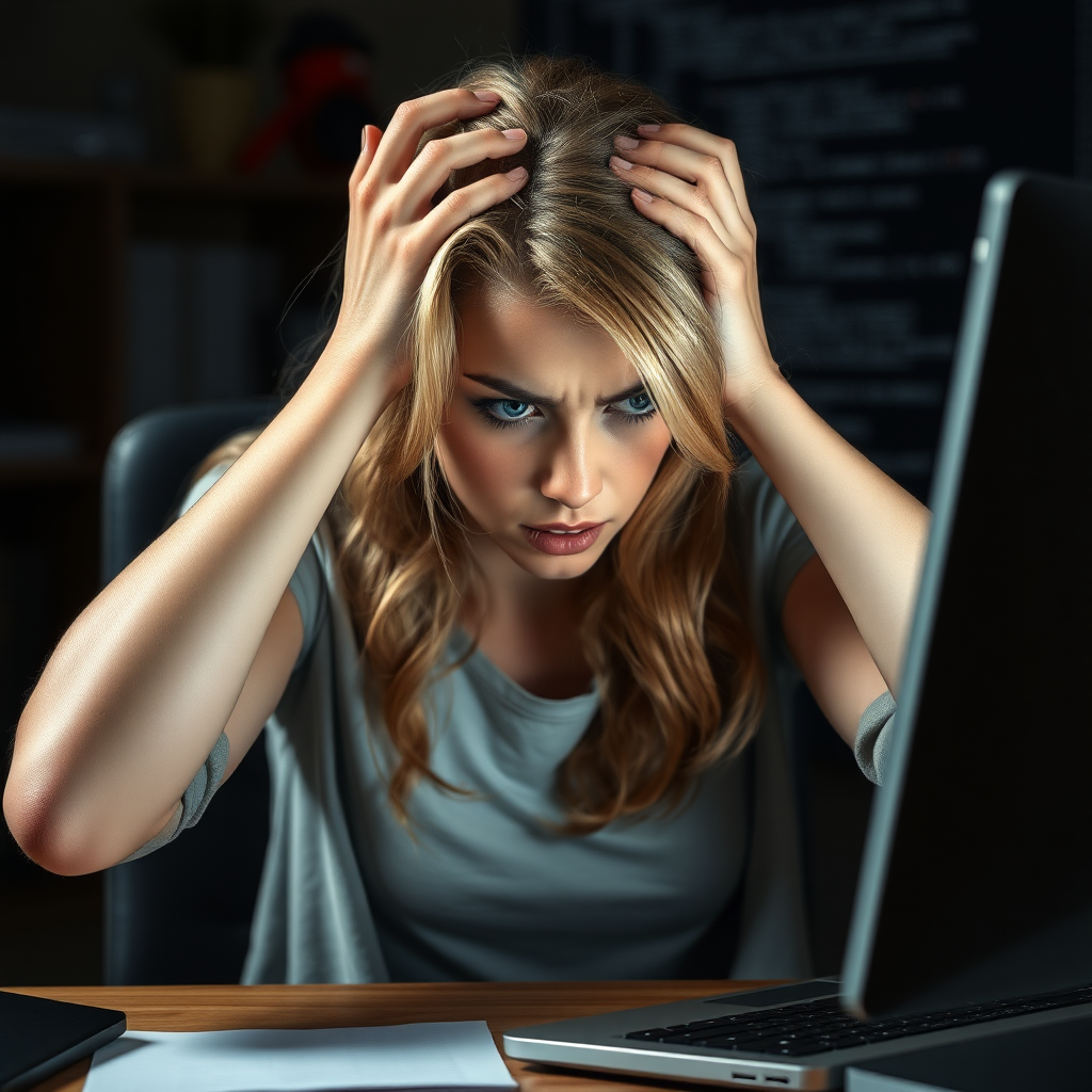 Create a realistic scene of a desperate young nice blonde girl sitting in front of a computer. Her posture should reflect frustration, with her hands either on her face or gripping her head. Her surroundings are a typical home or office workspace, with dim lighting adding to the tense and stressful mood. The computer screen could show error messages, glitches, or something causing her distress. The woman’s expression should be a mix of anxiety, exhaustion, and despair, with subtle attention to facial details like furrowed brows or clenched jaws.